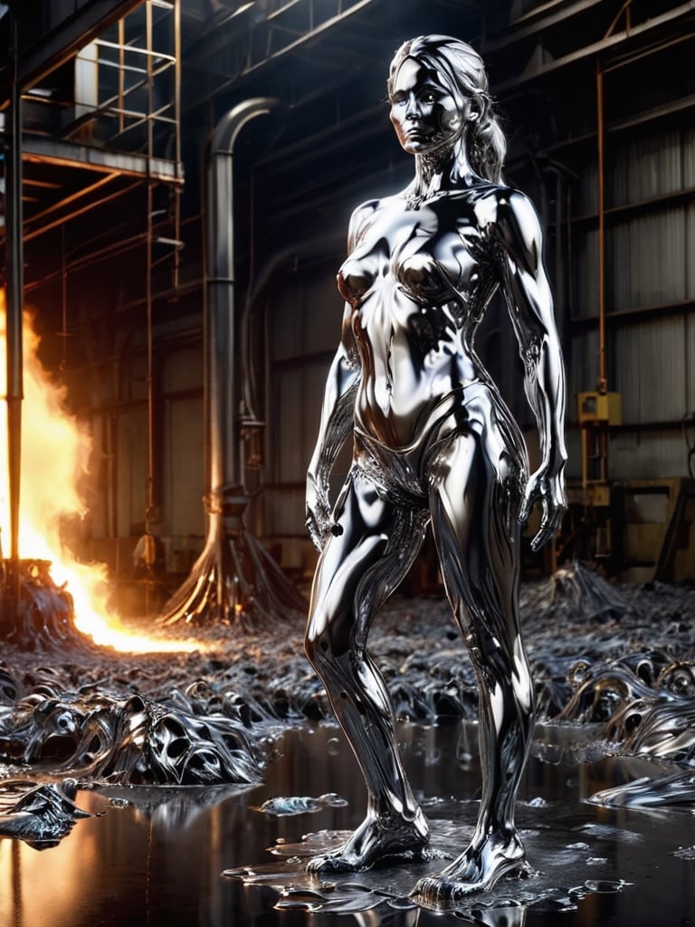 ral-chrome , female standing in molten metal, melting body ,ral-chrome, Cast iron factory background