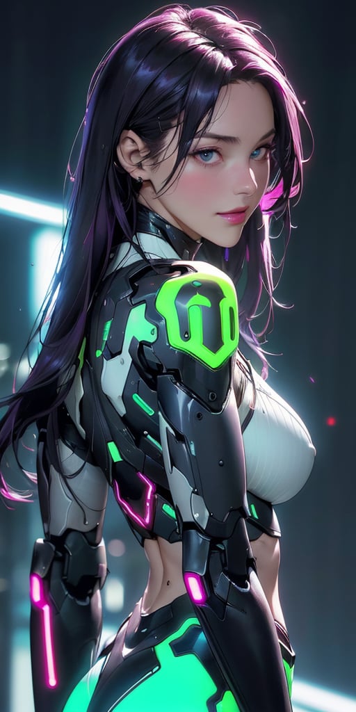 Upper body ,1girl ,beautiful 28 yo girl,dark purple hair,long hair,straight_hair,((Best quality, 8k, 32k, masterpiece,RAW photo, (realistic, photo-realistic:1.3),best quality,highly detailed,masterpiece,ultra-detailed)) a beautiful woman, Barbarism, greebles, (extremely beautiful, voluptuous, body tanlines, big natural boobs, tall girl:1.2), ultra hd,, (((Textured skin,bare shoulders ,tactical mecha suit,midriff,street,night ,neon lights,glowing,fantasy,(midnight,night),((Neon, Glow neon line)),neon background))), 
 ,blurry background,smile,,(oil shiny skin:0.9), ((gigtanic_boobs)),sunny,claiming,willowy, chiseled, (hunky:1.6),(perfect anatomy, prefect hand,), 9 head body lenth, dynamic sexy pose, (artistic pose of awoman),(upper body,from_back:1.3),