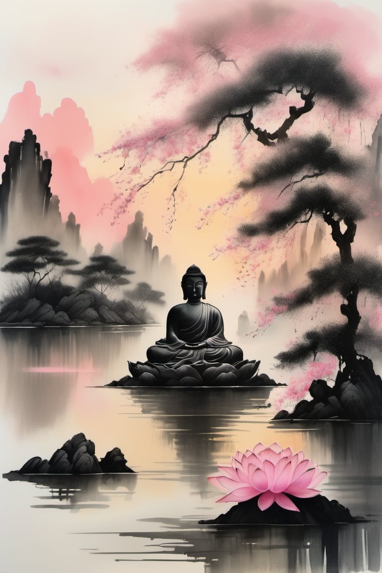 ink scenery, huge Buddha on lake, trees, sunset, muted colors, blooming branches with pink flowers, flowers fall on the water, lotus flower on the water, lake in the middle of the forest, negative space, chinese ink drawing