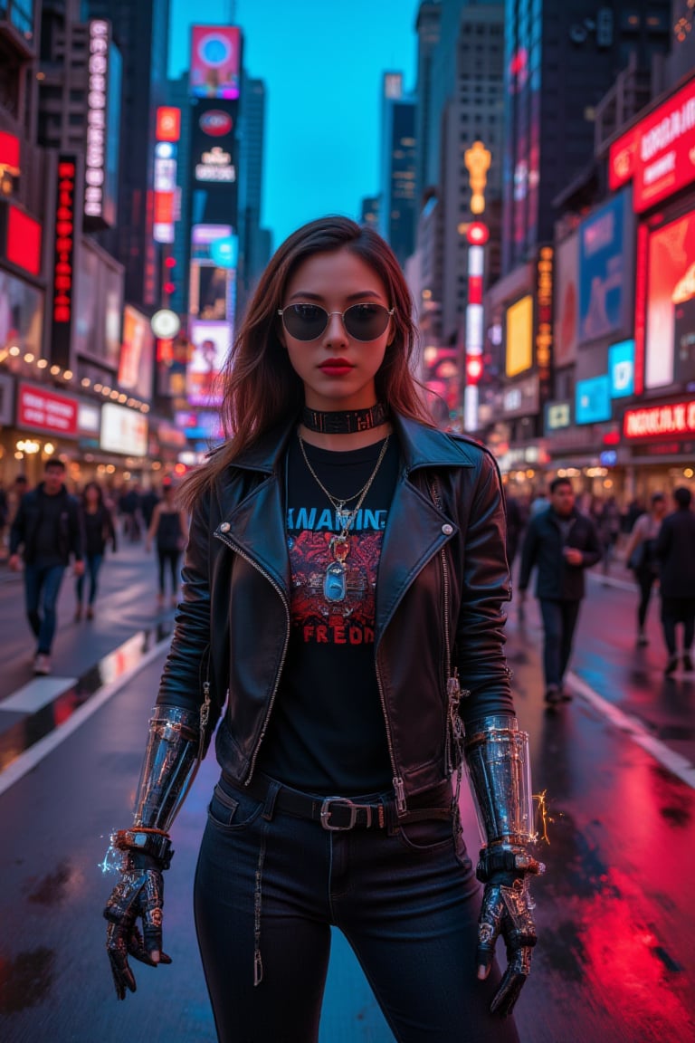 Upper body,A stunning, 20-year-old fashion model, exuding elegance and sophistication, strikes a provocative pose amidst the bustling city street's vibrant colors - red and blue hues dance across the concrete jungle. She dons a leather jacket, black skinny jeans, graphic tee, and ankle boots, her bold makeup and chunky jewelry accentuating her hourglass figure. Her gaze locks onto the viewer, a sly grin spreading across her face as she wears sunglasses, adding to her enigmatic allure. The scene is set against a backdrop of towering skyscrapers, people rushing by, and streetlights casting a warm glow. In a surreal twist, her cyborg form bursts forth, glass arms aglow with neon cables and gears humming within, electricity crackling through her hand as she maintains eye contact with the camera.