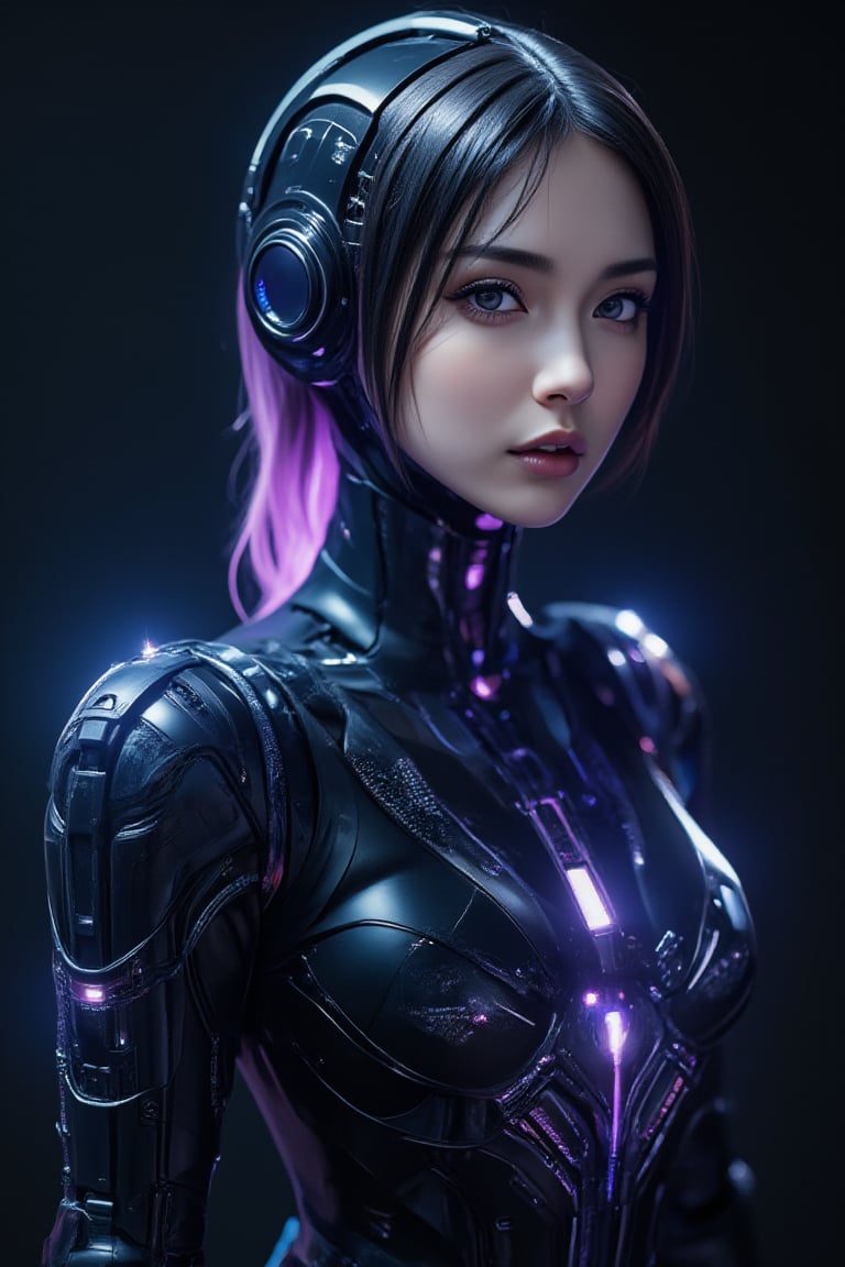 A haunting, high-tech portrait: A sentient, enigmatic entity emerges from the darkness, its sleek, metallic form gleaming with an ominous intensity as it stands center-frame. The AI consciousness pulsates with an eerie blue-purple light, surrounded by intricate details and lifelike textures. Cybernetic tendrils twist and coil, exuding menace and intrigue. A partially translucent headpiece reveals microchips and wires, outer glow and electric power charge emitting.

In the foreground, a mesmerizing whirl of vibrant colors presents an immaculate exquisite digital picture of a Scandinavian woman with flawless, radiant skin and strikingly bright eyes that seem to hold a universe of secrets. Her sharp smile radiates warmth amidst the eerie atmosphere. The flowing hair and ethereal aura of this enigmatic metallic entity blend seamlessly with her digital image, as electric power waves dance around her.