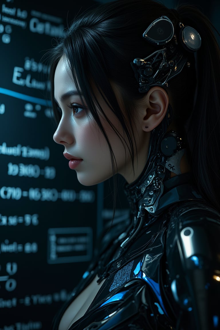 A masterpiece of exceptional quality depicting the front view of a stunningly beautiful female cyborg in a cinematic, photorealistic style. The image is super detailed, resembling an 8K RAW photograph, perfect for a wallpaper. Holographic blueprints float around her, representing the intricate design of the Female Cyborg. The front view prominently displays an avant-garde design with numerous detailed notes about her settings and specifications. Her hair cascades down her front, revealing glimpses of cybernetic enhancements seamlessly integrated with her form. The scene has a mirror-like quality, reflecting the advanced technology surrounding her. Despite facing away, hints of her beautiful face and eyes are visible through reflective surfaces or partial profile. The holographic blueprints are semi-transparent, allowing viewers to see both the external beauty and the internal complexity of the cyborg simultaneously. ((formulas on a blackboard Black background))