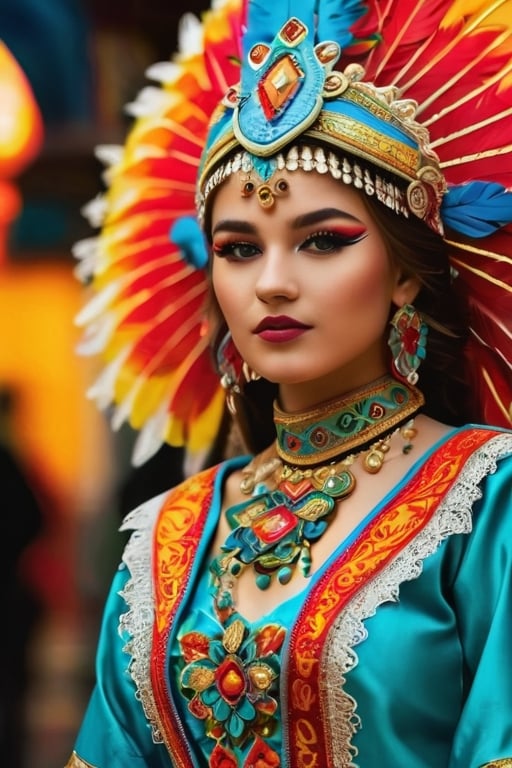 A girl wearing a costume for carnival, with religious images, avoiding the use of feathers. Illustration as the medium, with best quality, 4k resolution, and ultra-detailed. The girl has beautiful detailed eyes and lips, and her face and eyelashes are extremely detailed. She is wearing a vibrant and elaborate costume, adorned with religious symbols and motifs. The costume is made of high-quality materials, resembling a combination of traditional garments and modern designs. It is a masterpiece of craftsmanship, with sharp focus and vivid colors. The overall style is a mix of cultural heritage and contemporary aesthetics. The color palette consists of bright and contrasting hues, emphasizing the festive atmosphere. The lighting captures the richness of the colors and highlights the intricate details of the costume.,neon photography style