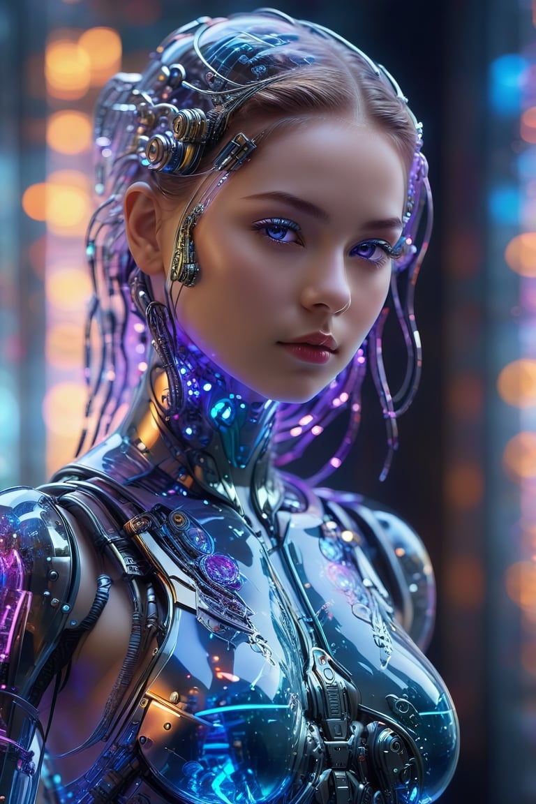 (best quality,4k,8k,highres,masterpiece:1.2),ultra-detailed,physically-based rendering,professional,vivid colors,bokeh,cyborg girl,made only glass,neon cables,gears,transparent body,mechanical details,glowing eyes,reflective surface,subtle reflections,ethereal,luminous,metallic highlights,sci-fi,futuristic,neon lights,blue and purple color palette,dynamic lighting,photo r3al,Glass Elements,ByteBlade,full_body,big breast,behind_position 