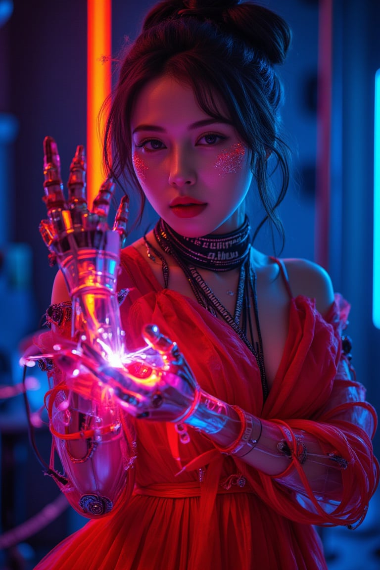 Upper body,A stunning, 20-year-old fashion model, 1girl , red dress,futuremadness, retro starwars style , cyborg girl, android, robotic face, robot limbs, neon , dark angel, cynematic, golden ratio,. In a surreal twist, her cyborg form bursts forth, glass arms aglow with neon cables and gears humming within, electricity crackling through her hand as she maintains eye contact with the camera.,Midjourney_Whisper