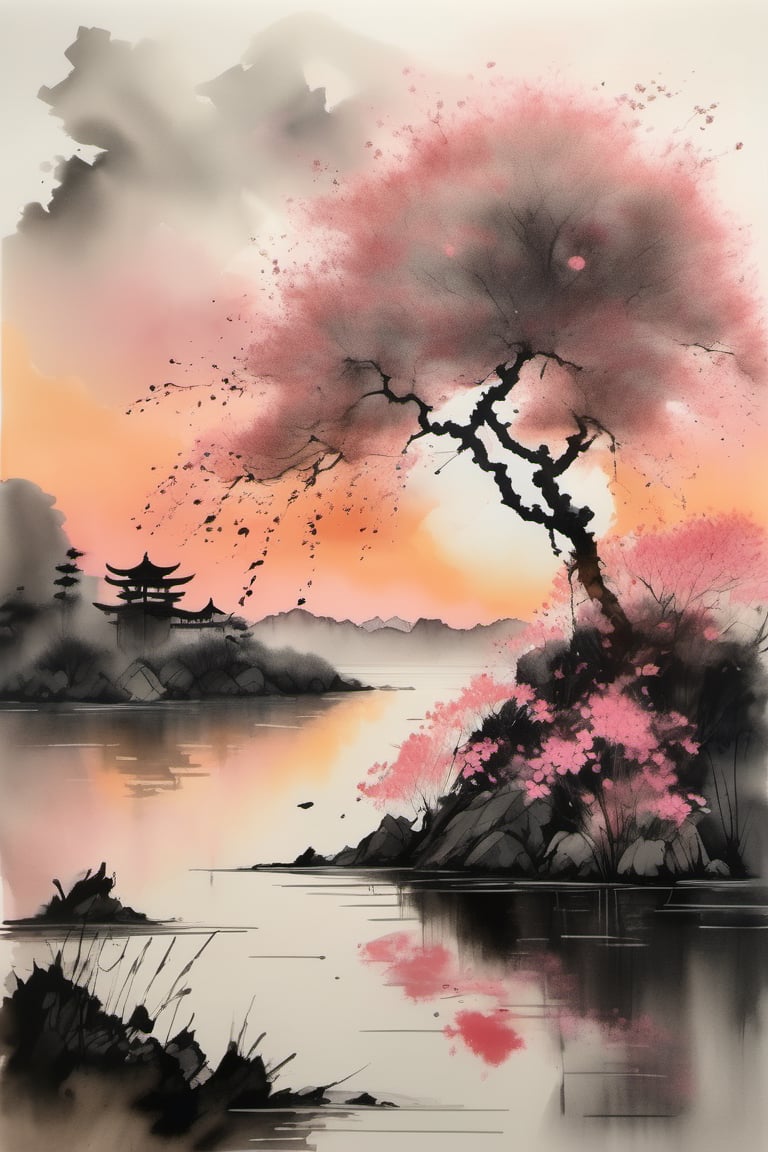 ink scenery,huge Ironman on lake, trees, sunset, muted colors, blooming branches with pink flowers, flowers fall on the water, lotus flower on the water, lake in the middle of the forest, negative space, chinese ink drawing