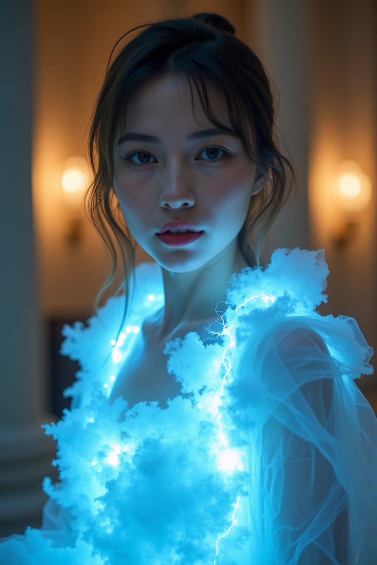 A close-up shot frames the woman's ethereal visage, her pale skin aglow with an electric blue light emanating from the living dress. Wispy clouds swirl around her torso, forming an ever-changing bodice. Her hair flutters in the wind, sparking lightning bolts that rise like charged static electricity. The camera captures a soft focus on the woman's intense, otherworldly expression, while her eyes reflect the storm within her garment. The background temple chapel fades into warm, muted tones, contrasting with the dress's electric blue. Floating balls of light from the bokeh effect evoke bedside lamps or candles. Dynamic lighting highlights the dress as the main light source, casting a mesmerizing glow on the woman's features.