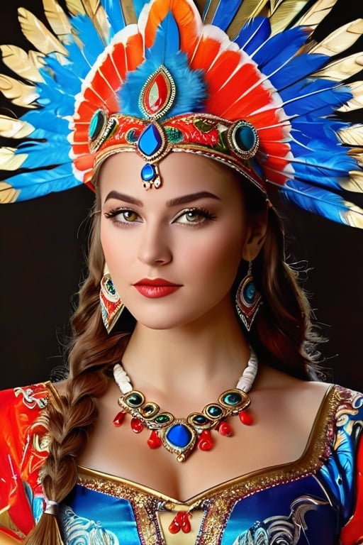 A girl wearing a costume for carnival, with religious images, avoiding the use of feathers. Illustration as the medium, with best quality, 4k resolution, and ultra-detailed. The girl has beautiful detailed eyes and lips, and her face and eyelashes are extremely detailed. She is wearing a vibrant and elaborate costume, adorned with religious symbols and motifs. The costume is made of high-quality materials, resembling a combination of traditional garments and modern designs. It is a masterpiece of craftsmanship, with sharp focus and vivid colors. The overall style is a mix of cultural heritage and contemporary aesthetics. The color palette consists of bright and contrasting hues, emphasizing the festive atmosphere. The lighting captures the richness of the colors and highlights the intricate details of the costume.,neon photography style