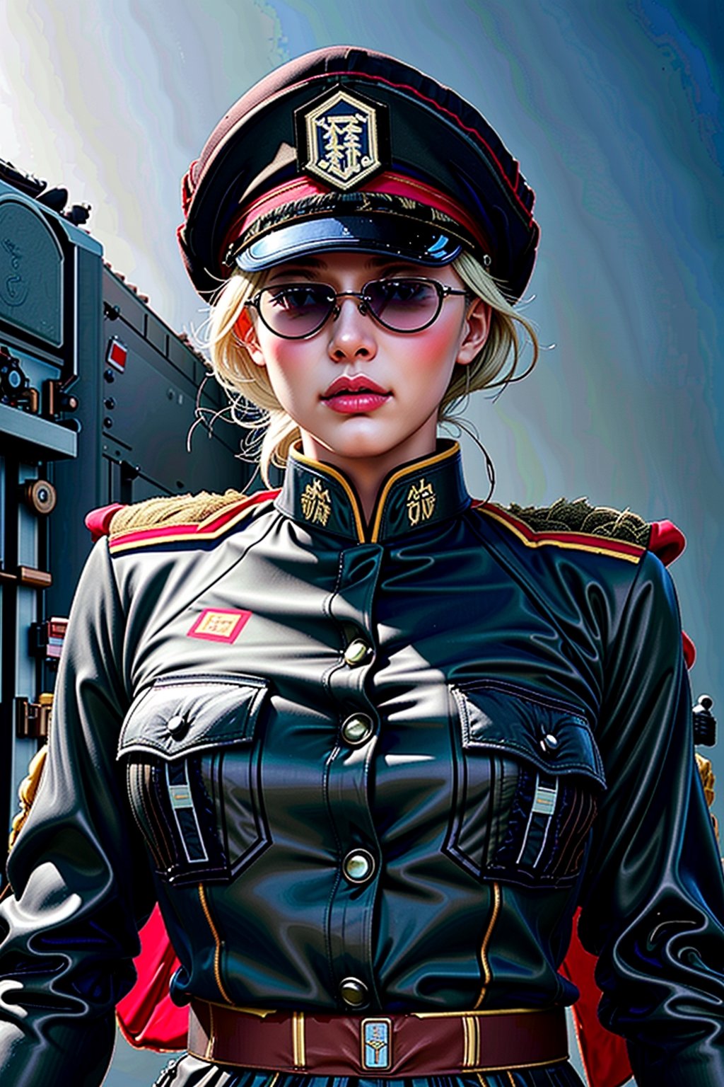 (dominoop:1.2), (women, blonde_hair, glasses, uniform, hat), portrait, epic realistic, 8k, best quality, real picture, intricate details, ultra-detailed, ultra highres, depth field,(photorealistic,realistic:1.2),masterpiece, , 1 girl, portrait of beautifull, solo, bare_arms, v-shaped_eyebrows, closed_mouth, serious, frown, sky, fighting_stance, volumetric lighting, best quality, masterpiece, intricate details , tonemapping, faded, (neutral colors:1.2), (hdr:1.4), (muted colors:1.2), hyperdetailed, (artstation:1.4), cinematic, warm lights, dramatic light, (intricate details:1.1), complex background , (rutkowski:0.66), fishnet,(teal and orange:0.4),Domino, (shiny oil skin:1.0), big breast, (dynamic pose:1.5), dynamic view,dynamic pose, warship, ocean, bow, sun, cloud_scape,Unique Masterpiece, imperial elder sister, (Military uniform: 1.8) , warlord coat,sexyfashion03
