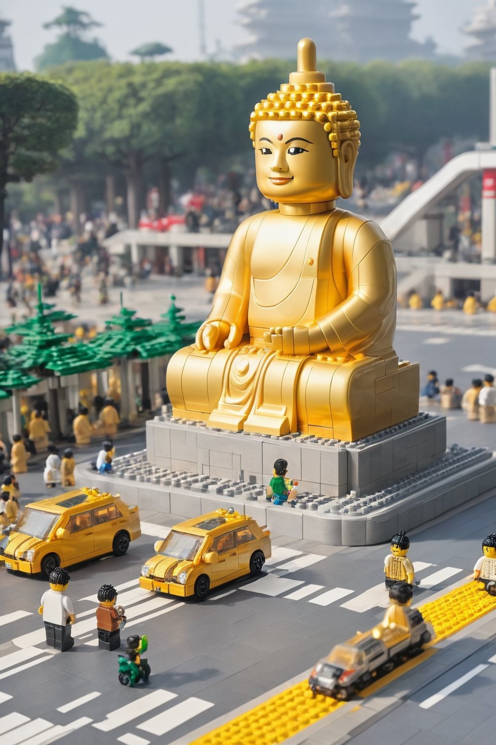 Build a Lego big Buddha world, 60 peice of parallel gold chrome Buddha  on the roadside, crowded real crowds, kaisatsu, STOKYO, station, a lot boys & girls,kaisatsu, train staion, multiple boys