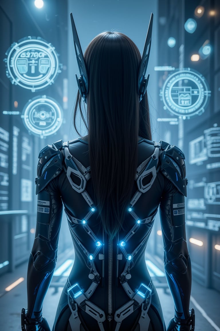 A masterpiece of exceptional quality depicting the front view of a stunningly beautiful female cyborg in a cinematic, photorealistic style. The image is super detailed, resembling an 8K RAW photograph, perfect for a wallpaper. Holographic blueprints float around her, representing the intricate design of the Female Cyborg. The back view prominently displays an avant-garde design with numerous detailed notes about her settings and specifications. Her hair cascades down her front, revealing glimpses of cybernetic enhancements seamlessly integrated with her form. The scene has a mirror-like quality, reflecting the advanced technology surrounding her. Despite facing away, hints of her beautiful face and eyes are visible through reflective surfaces or partial profile. The holographic blueprints are semi-transparent, allowing viewers to see both the external beauty and the internal complexity of the cyborg simultaneously.