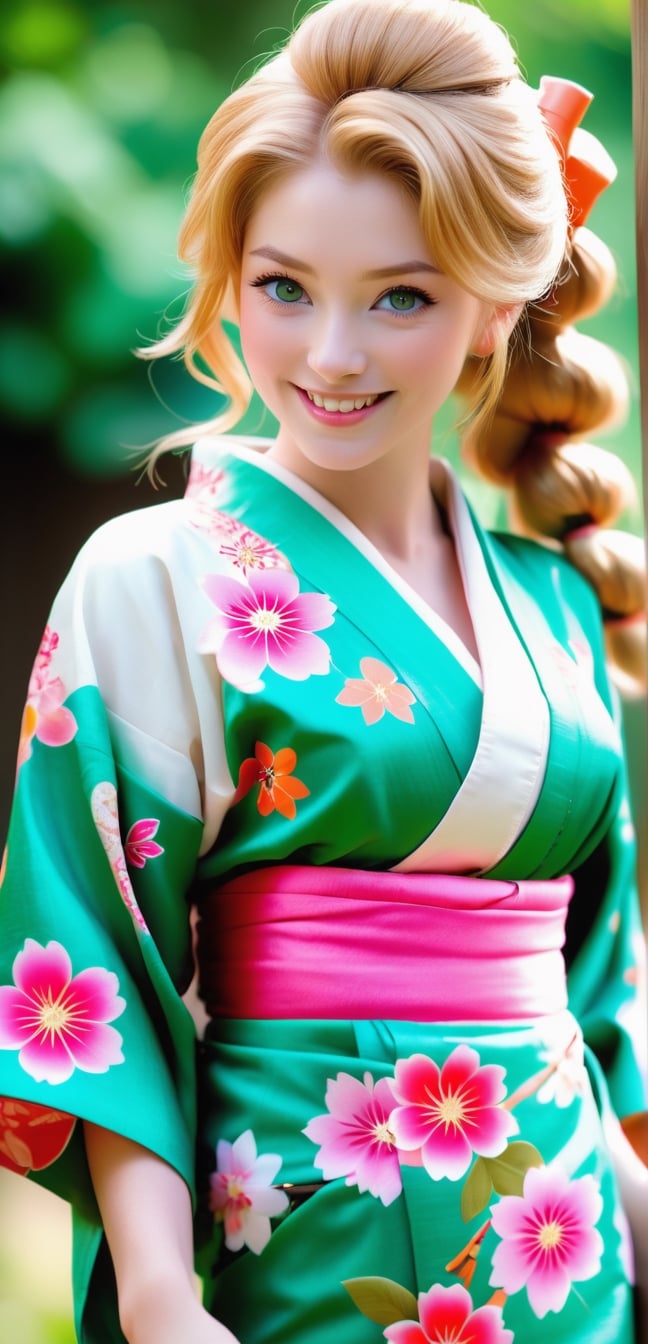4k,best quality,masterpiece,1 Greek girl, a girl,blond hair, 18-year old beautiful European girl wearing (((pink Japanese kimono))),, cute girl, (light ginger blond hair in a orange traditional kimono hairstyle:1.3), (symmetrical light green eyes:1.2), (pale skin:1.2), happy smiling, close mouth,(perfect white teeth:1.3), (detailed beautiful face and eyes), perfect body, ((slender body, large breasts, flat stomach, 24" waist, narrow hips)), (natural skin texture, detailed skin texture, skin fuzz), outdoor with lots of greens, full body, close-up, ((facing viewer)), best quality, soft lighting, photography, 12K, UHD, hyper-detailed, 
, smile,, (oil shiny skin:1.0), (big_boobs:1.6), willowy, chiseled,random sexy poses,(hunky:2.5),(( body rotation 90 degree)), (perfect anatomy, prefecthand, dress, long fingers, 4 fingers, 1 thumb), 9 head body lenth, dynamic sexy pose, breast apart, (artistic pose of awoman), cinematic moviemaker style,more detail XL,photo r3al