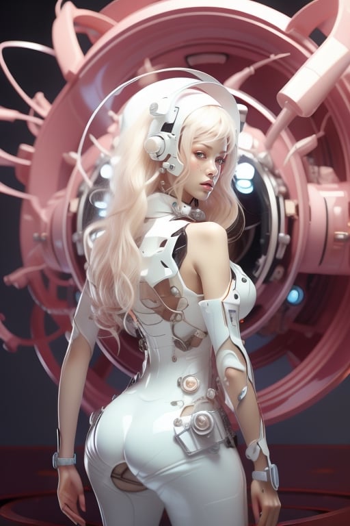 Best quality,masterpiece,ultra high res,(photorealistic:1.4),masterpiece,(bestquality),hyper-detailed,ultra-detailed,(1 girl:1.2),white bodysuit,(blond hair:1.4),long hair,mecha girl,headphones,glass helmet,bare shoulders,(cybernetic),(mecha suit),(futuristic),(combat attire),(mix of organic and inorganic),(exposed circuitry),(glowing eyes),(massive scale),(mono-eyed),(weaponized),(gleaming metal),(futuristic background),(mechanical beauty),(technology wonder),full body,,,,,angelawhite,glowing body,mecha musume, smile, (oil shiny skin:1.3), (big breast:1.0), (perfect anatomy, prefecthand, dress, long fingers, 4 fingers, 1 thumb), 9 head body lenth, dynamic sexy pose, breast apart, (cowboy shot:1.0), looking at viewer, (viewed_from_behind:1.3),