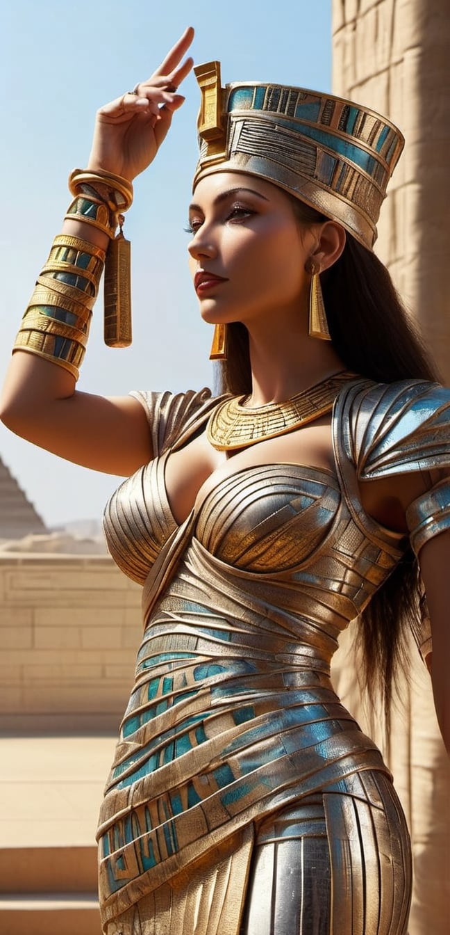 queen Nefertiti of Ancient Egypt wearing a shirt with the text "pua" written on it, Holding a sword can in hand, Posing as The statue of liberty, ancient Egypt theme , warm ancient Egyptian atmosphere but in ancient Egypt City , realistic , detailed, ancient Egyptian costumes,Background in Egypt castle ,,smile, (oil shiny skin:1.0), (big_boobs:2.6), willowy, chiseled, (hunky:2.4),(( body rotation 35 degree)), (upper body:0.8),(perfect anatomy, prefecthand, dress, long fingers, 4 fingers, 1 thumb), 9 head body lenth, dynamic sexy pose, breast apart, (artistic pose of awoman),abyssaltech ,dissolving,abyss,DonMChr0m4t3rr4XL ,chrometech,surface imperfections,DonMM00m13sXL,shards