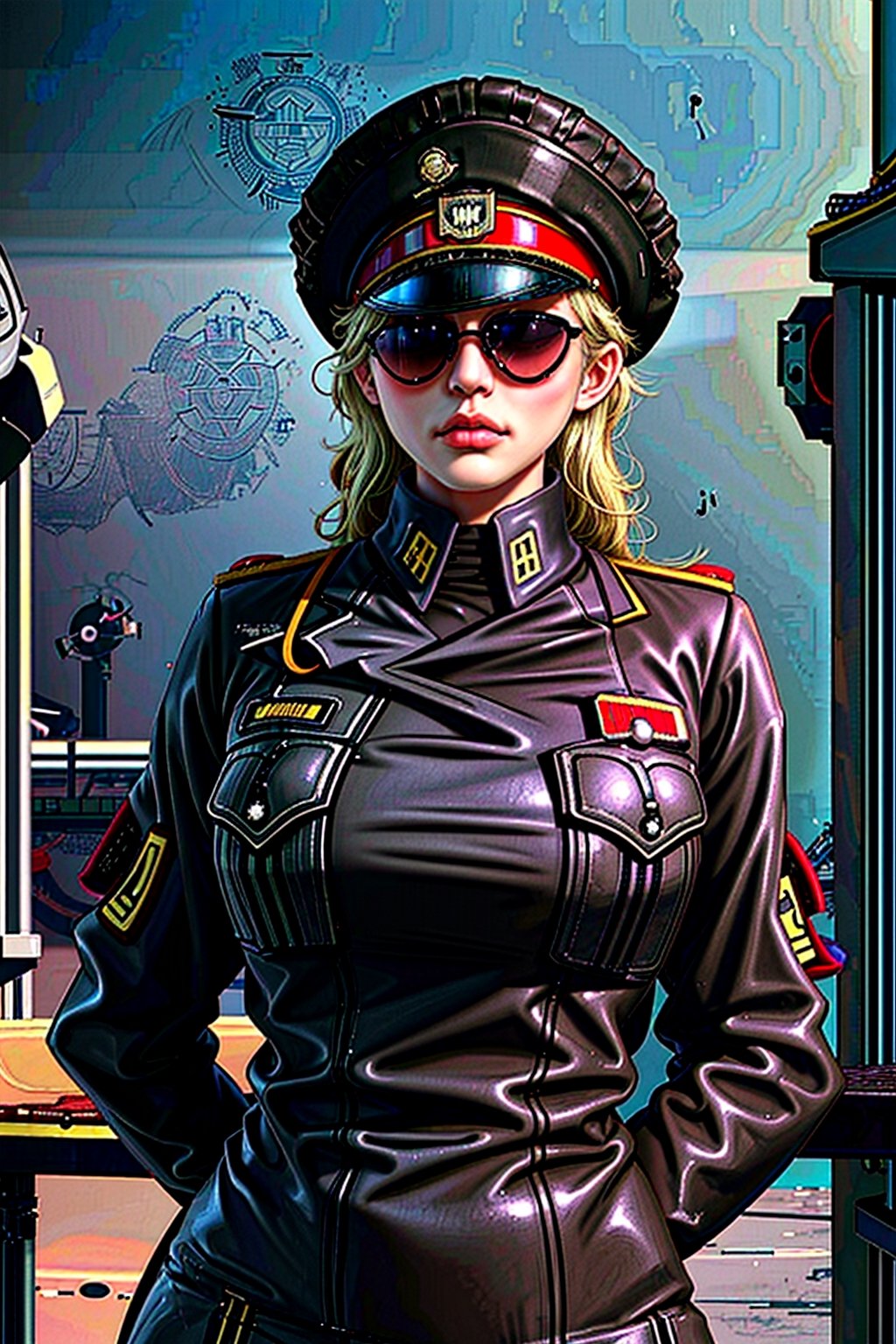 (dominoop:1.2), (sexy girl, blonde_hair,long hair, glasses, uniform, hat), portrait, epic realistic, 8k, best quality, real picture, intricate details, ultra-detailed, ultra highres, depth field,(photorealistic,realistic:1.2),masterpiece, , 1 girl, portrait of beautifull, solo, bare_arms, v-shaped_eyebrows, closed_mouth, serious, frown, sky, fighting_stance, volumetric lighting, best quality, masterpiece, intricate details , tonemapping, faded, (neutral colors:1.2), (hdr:1.4), (muted colors:1.2), hyperdetailed, (artstation:1.4), cinematic, warm lights, dramatic light, (intricate details:1.1), complex background , (rutkowski:0.66), fishnet,(teal and orange:0.4),Domino, (shiny oil skin:1.1), (dynamic pose:1.5), dynamic view,dynamic pose, warship, ocean, bow, sun, cloud_scape,Unique Masterpiece, perfect anatomy,imperial elder sister, (Military uniform: 1.8) , warlord coat,Canvas material,