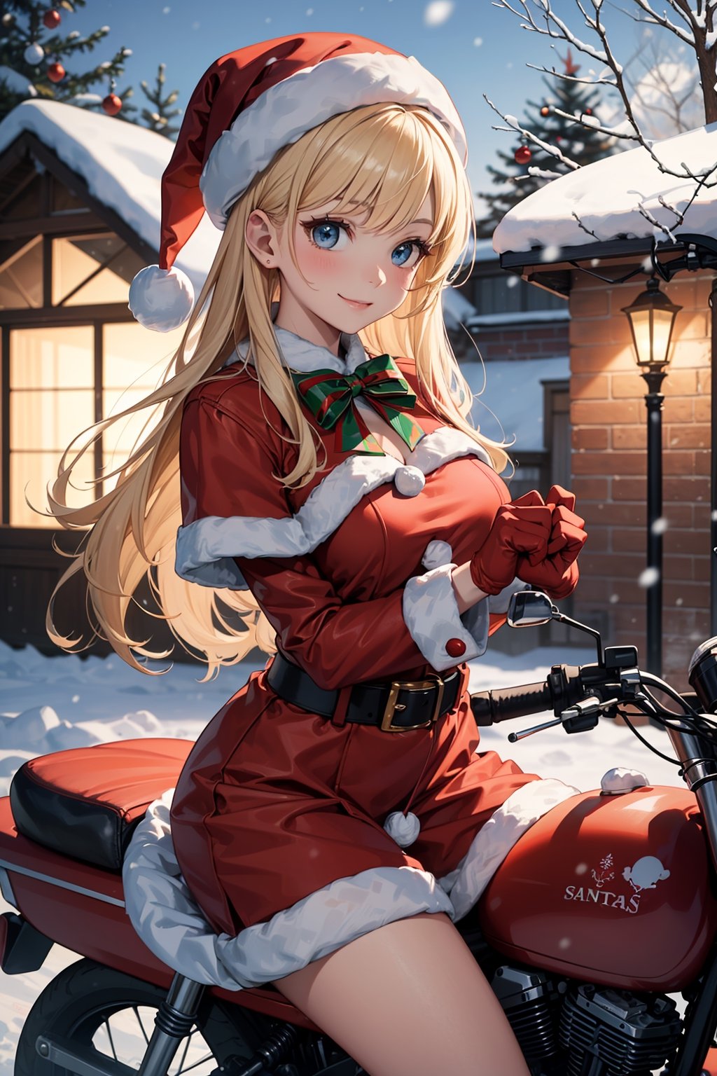 (absurdres, highres, ultra detailed, high resolution:1.1), 1girl, solo, kawaii, smile, medium breasts, blonde hair, long hair, blue eyes, santa, red beret, red bow ribbon, red gloves, red dress, red boots, santa girl costume, christmas, holy night, christmas decorations, christmas night, snow falling, snowy scene, ((santa girl riding a motorcycle to hand out christmas presents)), nice hands, perfect hands,