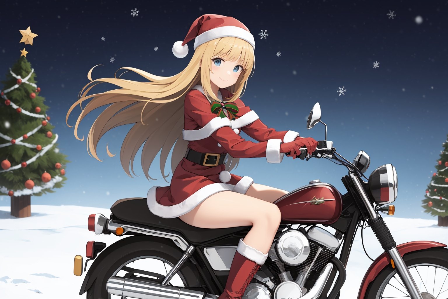 (absurdres, highres, ultra detailed, high resolution:1.1), 1girl, solo, kawaii, smile, medium breasts, blonde hair, long hair, blue eyes, santa, red beret, red bow ribbon, red gloves, red dress, red boots, santa girl costume, christmas, holy night, christmas decorations, christmas night, snow falling, snowy scene, ((santa girl riding a motorcycle to hand out christmas presents)), nice hands, perfect hands,