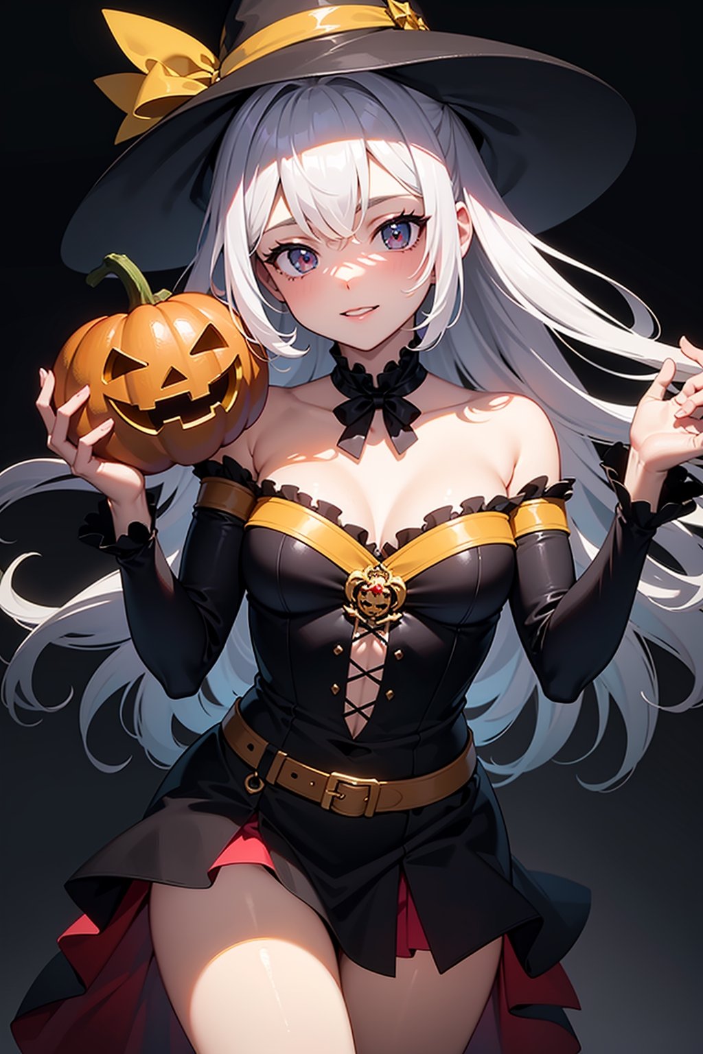 ((masterpiece, best quality, ultra-detailed, very fine 8KCG wallpapers)), 1girl with Halloween costume and wizard hat holding a halloween pumpkin, in the halloween night festival, adorable, happy, detailed background, High contrast, best illumination, an extremely delicate and beautiful, colourful paint splashes on transparent background, dulux, caustic, dynamic angle, beautiful detailed glow, nice hands, perfect hands,