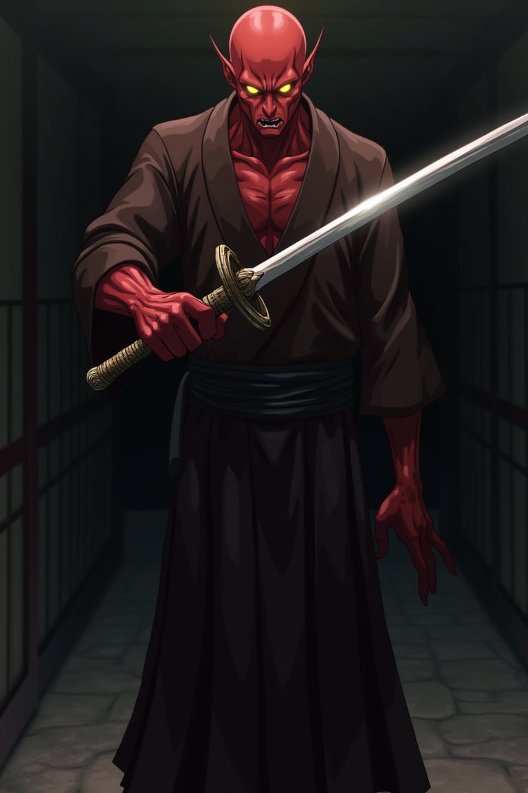 anime scene A yokai emerges from shadow, his evil eyes glinting yellow. His skin is red. He holds a broadsword diagonally in front of him, reverse grip. A polished, reflecting blade. The scene is viewed from the front.