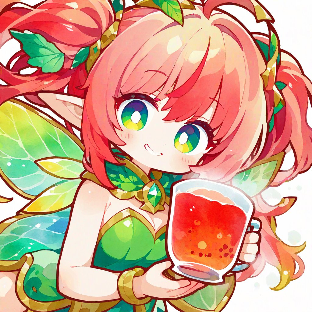 score_9, score_8_up, score_8, score_7_up, vibrant watercolor anime style. Close up of a gorgeous fairy with wild red hair. She smiles charmingly as she holds a steaming cup of coffee. A whimsical forest emerges out of a white background