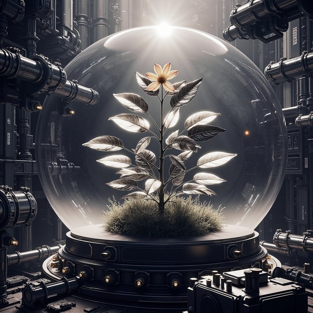 Amidst the stark, industrial landscape of a space station, a lone plant thrives in a transparent dome. Its leaves, mirroring the sheen of mercury, shimmer under the artificial sun, while its blossoms emit a soft, otherworldly radiance, like the glow from a distant star, providing a stark yet harmonious contrast to the surrounding machinery.