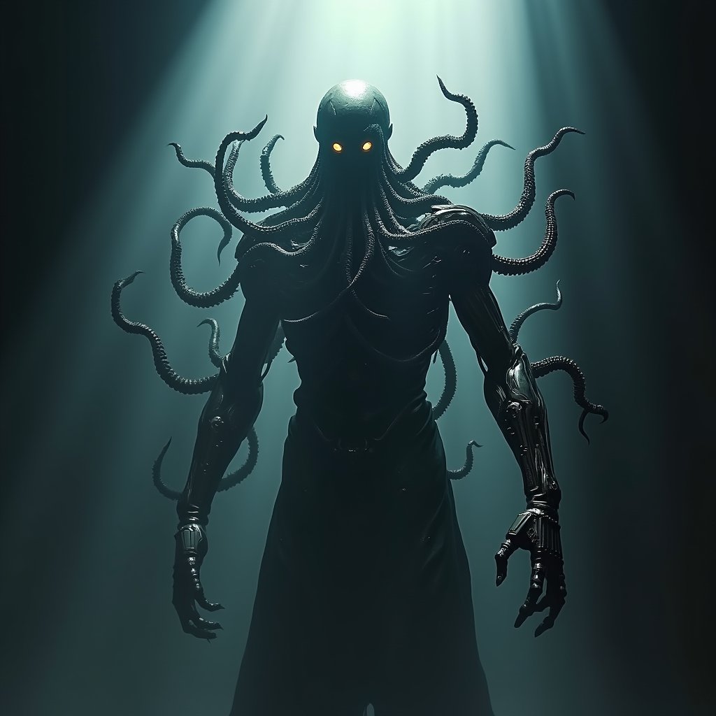 A figure emerges from shadow, his face illuminated by a beam of white light. The nightmarish essence of Cthulhu melds with the cold precision of a Terminator: a colossal entity with a humanoid robotic structure, its metal limbs entwined with writhing, biomechanical tentacles. Its face, partially skeletal like a Terminator's, also features Cthulhu's signature cephalopod-like traits, with cybernetic eyes glowing amidst a cluster of mechanical tendrils