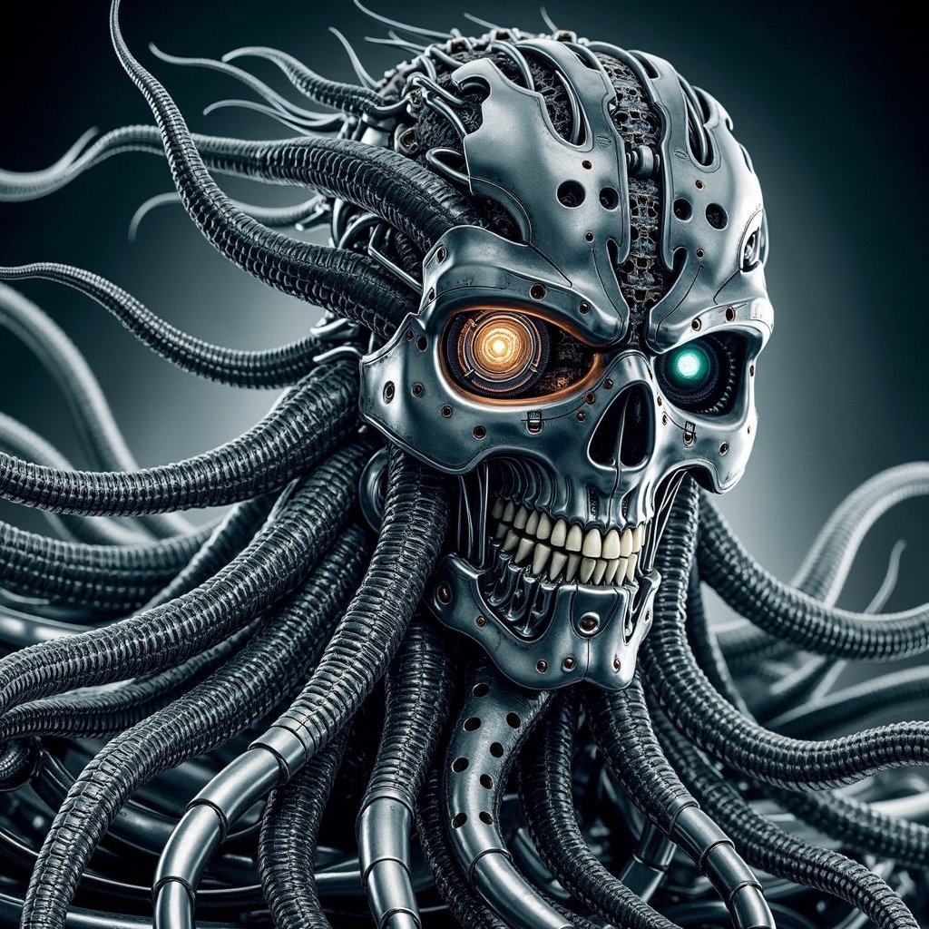 the nightmarish essence of Cthulhu melds with the cold precision of a Terminator: a colossal entity with a humanoid robotic structure, its metal limbs entwined with writhing, biomechanical tentacles. Its face, partially skeletal like a Terminator's, also features Cthulhu's signature cephalopod-like traits, with cybernetic eyes glowing amidst a cluster of mechanical tendrils, blending otherworldly horror with futuristic dread.