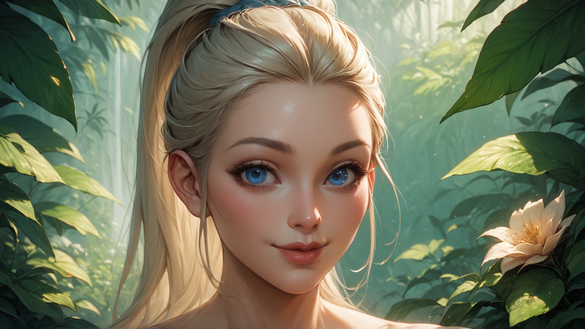 score_9, score_8_up, score_8, score_7_up, close up headhot portrait of a gorgeous woman with platinum blonde hair in a ponytail, ( perfect blue eyes:1.1 ), big forehead, smiling at the viewer. She is alone in a lush forest on a sunny day