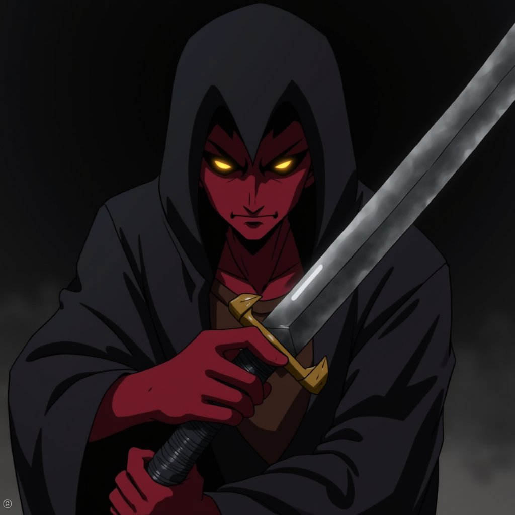 anime scene A yokai emerges from shadow, his evil eyes glinting yellow. His skin is red. He holds a broadsword diagonally in front of him, reverse grip. A polished, reflecting blade. The scene is viewed from the front.