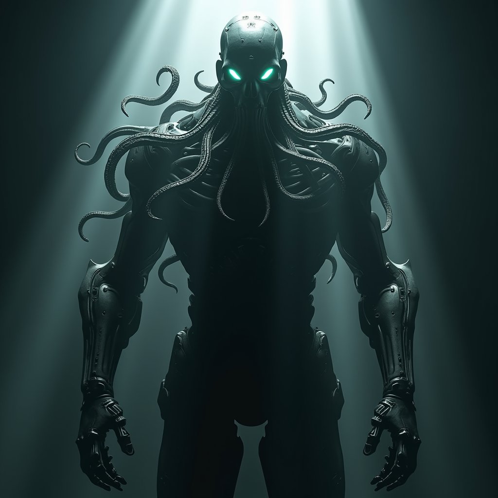 A figure emerges from shadow, half his face illuminated by a stark beam of white light,the nightmarish essence of Cthulhu melds with the cold precision of a Terminator: a colossal entity with a humanoid robotic structure, its metal limbs entwined with writhing, biomechanical tentacles. Its face, partially skeletal like a Terminator's, also features Cthulhu's signature cephalopod-like traits, with cybernetic eyes glowing amidst a cluster of mechanical tendrils