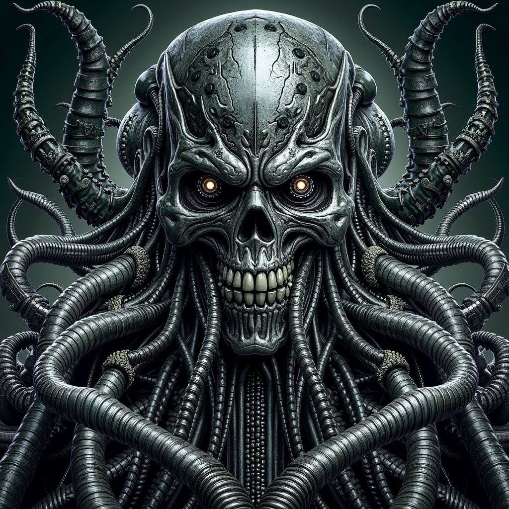 the nightmarish essence of Cthulhu melds with the cold precision of a Terminator: a colossal entity with a humanoid robotic structure, its metal limbs entwined with writhing, biomechanical tentacles. Its face, partially skeletal like a Terminator's, also features Cthulhu's signature cephalopod-like traits, with cybernetic eyes glowing amidst a cluster of mechanical tendrils, blending otherworldly horror with futuristic dread.