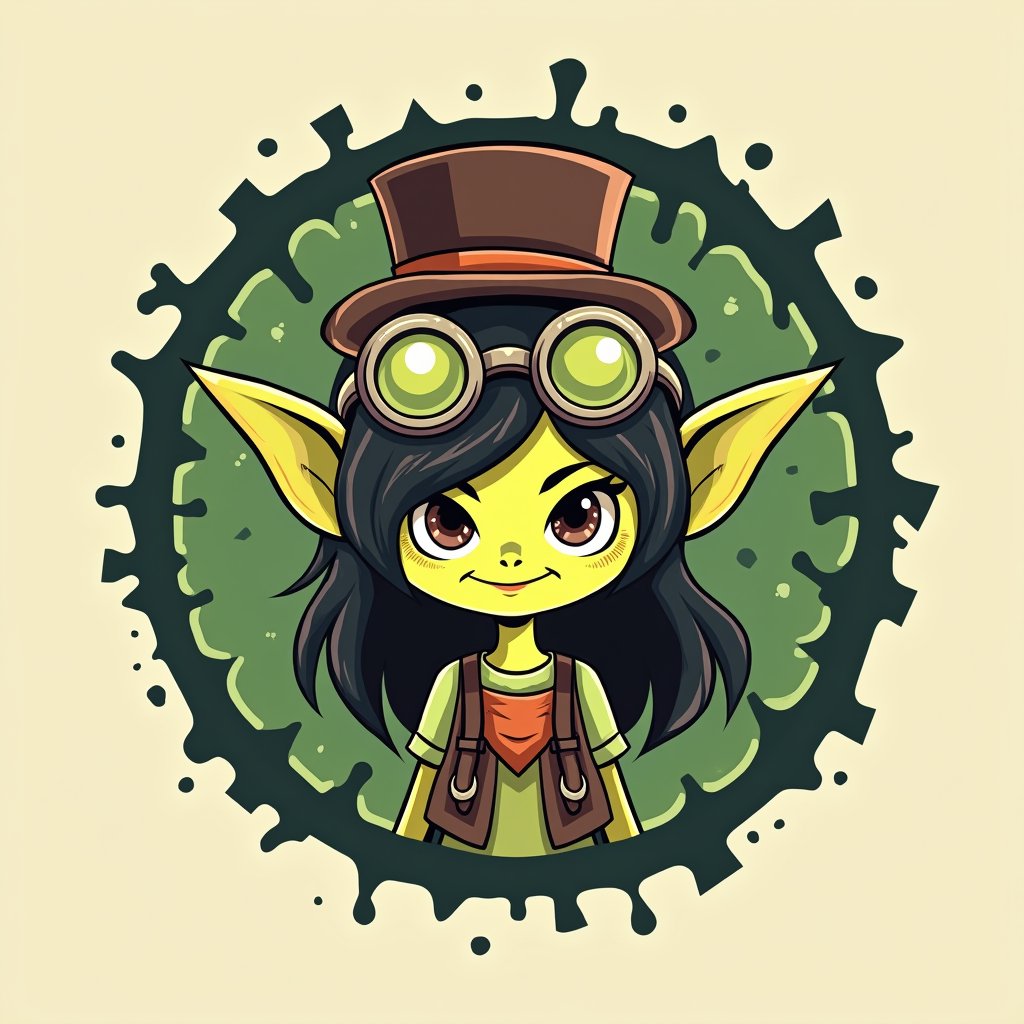 The logo for a goblin girl company features a stylized, mischievous goblin girl character with pointed ears and a playful smirk. She's adorned with quirky accessories like a mini top hat or goggles, set against a backdrop of chaotic, yet fun, geometric patterns in earthy, muted tones with pops of vibrant green. The overall design conveys a sense of whimsy, cunning, and a touch of the fantastical.