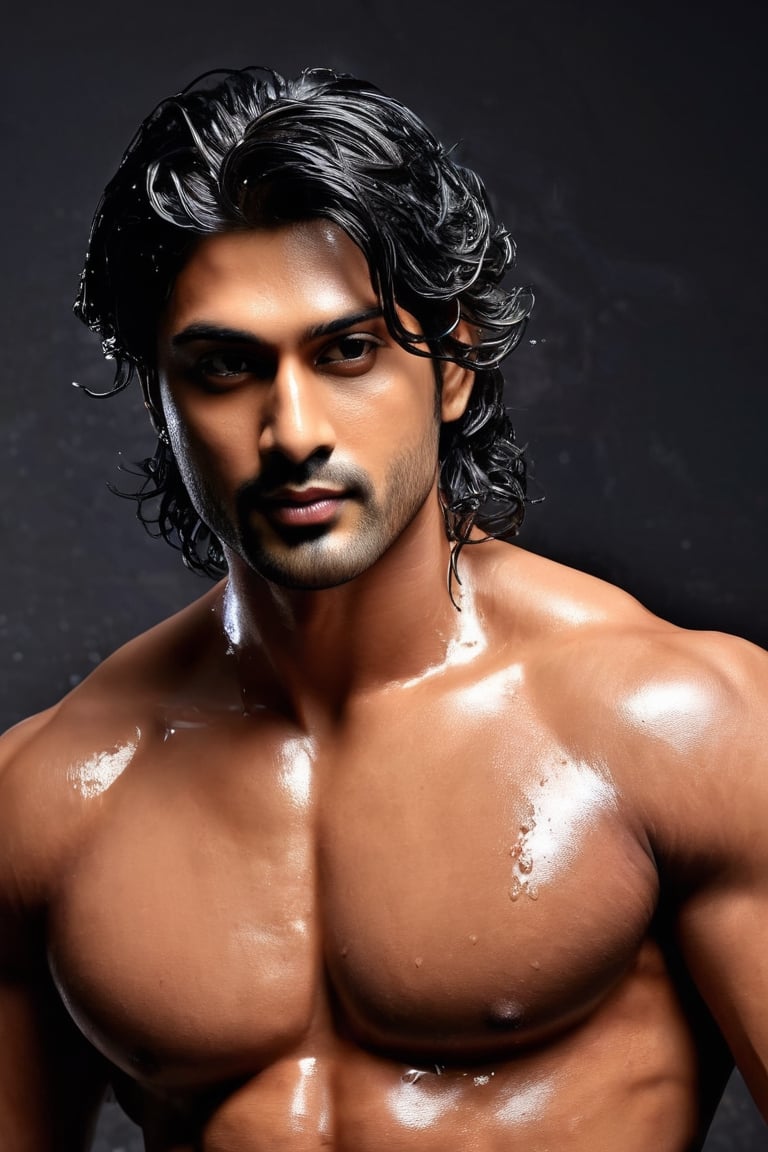 Extremely Realistic Mumbai man , underwear,in studio lighting , wet hair, wet clothes, wet body,sexual , sexy side pose ,erotic look, cleavage cutout ,navel show, muscular body, sexy