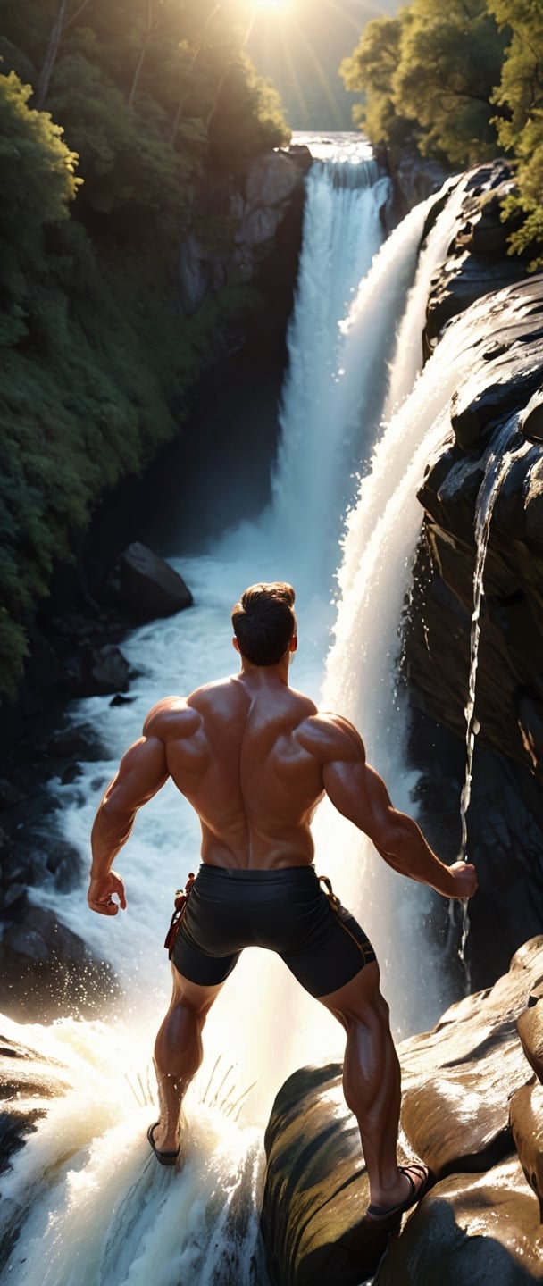 Cinematic results, wide-angle viewed from above, handsome muscular man climbing a waterfall, 8k UHD,  close-up , golden hour 