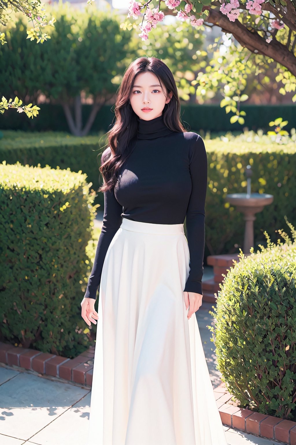 Masterpiece,  high_resolution, 
beautiful girl in her 20s, looking at the viewer, large breasts, 
flowy long skirt, turtle_neck, long_sleeves, 
garden, sunny,