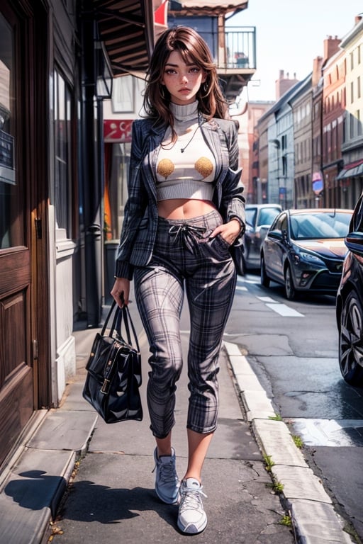 at city, (full body, standing),25 years old, big titty girl((((open long Lapel Blazer(bright brown and white Plaid Pattern), black turtleneck cropped sweater, loose fit lether pants,black tiny bag, white sneakers),mideum breast)), brown long hair, Freckles, dark red eyes, pretty hands, suntanned and glistening skin, Suntanned skin, glistening skin, (best quality, ultra-detailed, 8K)