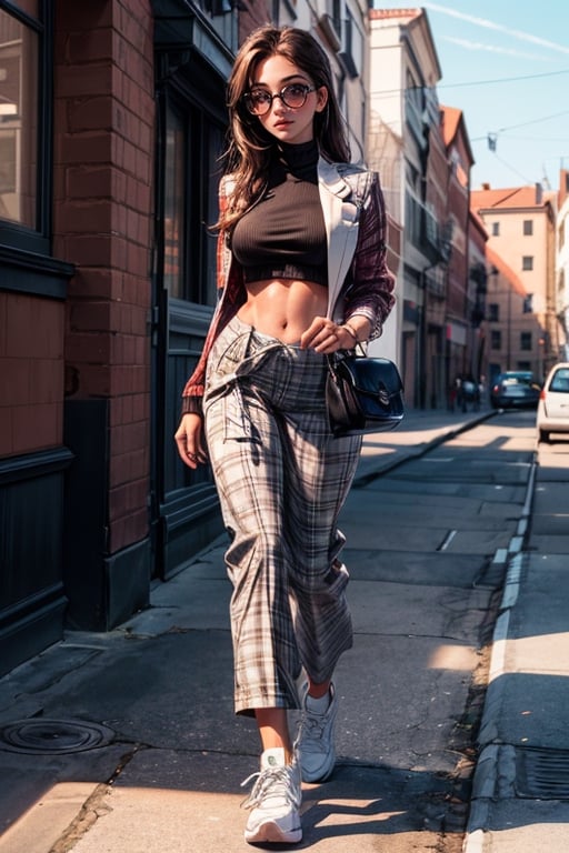 at city, (full body, standing),25 years old, big titty girl((((open long Lapel Blazer(bright brown and white Plaid Pattern), black turtleneck cropped sweater, loose fit no pattern pants,black tiny bag, white sneakers),mideum breast)), brown long hair, Freckles, dark red eyes, pretty hands, suntanned and glistening skin, Suntanned skin, glistening skin, (best quality, ultra-detailed, 8K)