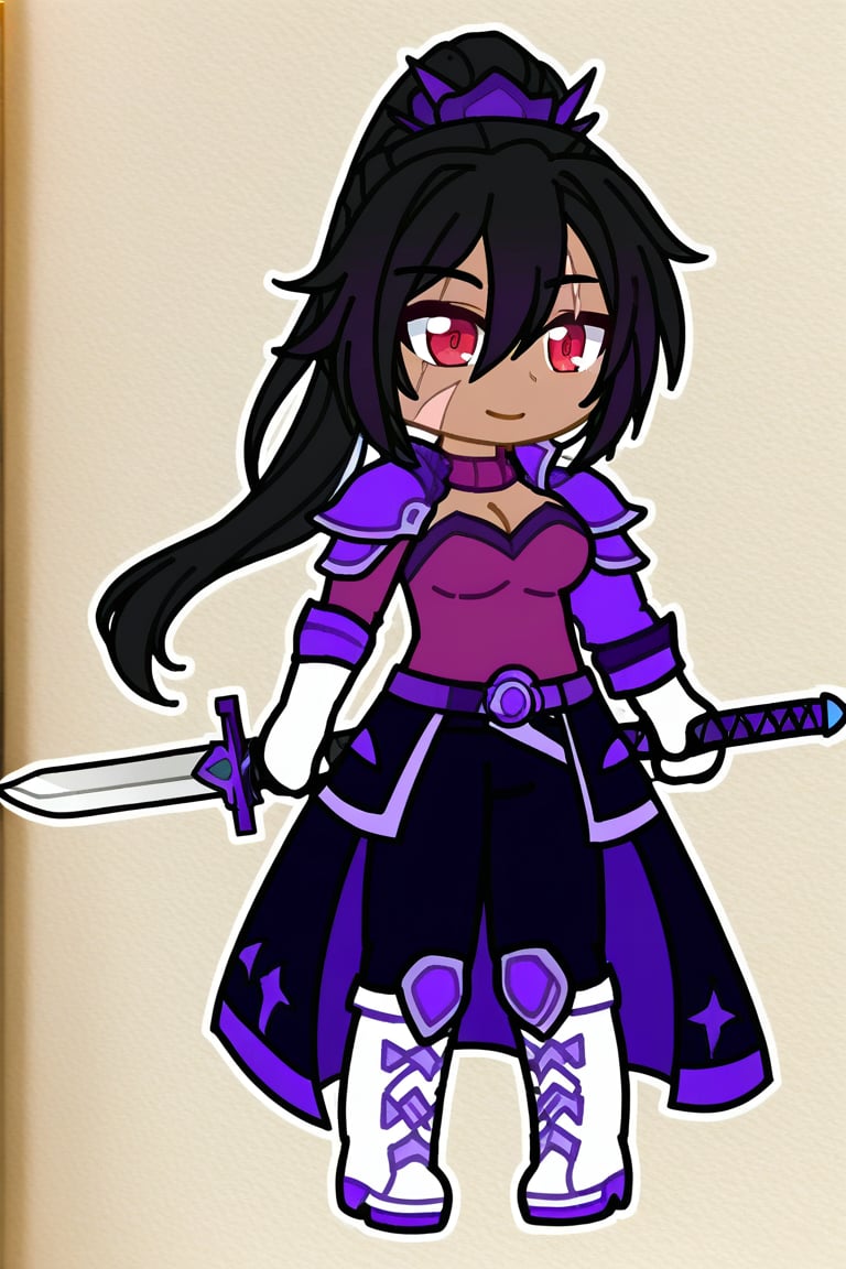 1 girl,black skinned girl, smile, black hair, ponytail hair, medium breasts, red eyes, gloves, 1girl, holding, hair between eyes, closed mouth, weapon, female focus, black coat, overcoat, amethyst shoulder pads , shoulder pads with an eye shape, purple dragon eye shoulder pad, magenta shirt, cleavage, white boots with black details, black and white gloves, sword, holding weapon, armor, scar, traditional media, holding sword, black pants, scar on face, purple scar, scar with a crack shape, gacha style, full_body