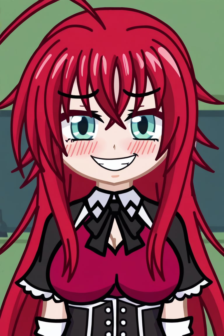 (masterpiece), best quality, expressive eyes, perfect face, score_9, RIAS GREMORY, big breasts, looking at viewer, smiling, blush, high school dxd outfit, gacha style