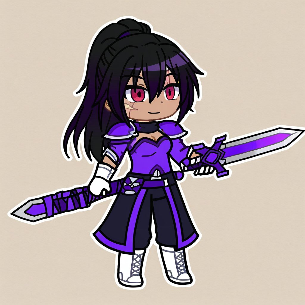 
1 girl,black skinned girl, smile, black hair, ponytail hair, medium breasts, red eyes, gloves, 1girl, holding, hair between eyes, closed mouth, weapon, female focus, black coat, overcoat, amethyst shoulder pads , shoulder pads with an eye shape, purple dragon eye shoulder pad, magenta shirt, cleavage, white boots with black details, black and white gloves, sword, holding weapon, armor, scar, traditional media, holding sword, black pants, scar on face, purple scar, scar with a crack shape, gacha style, full_body