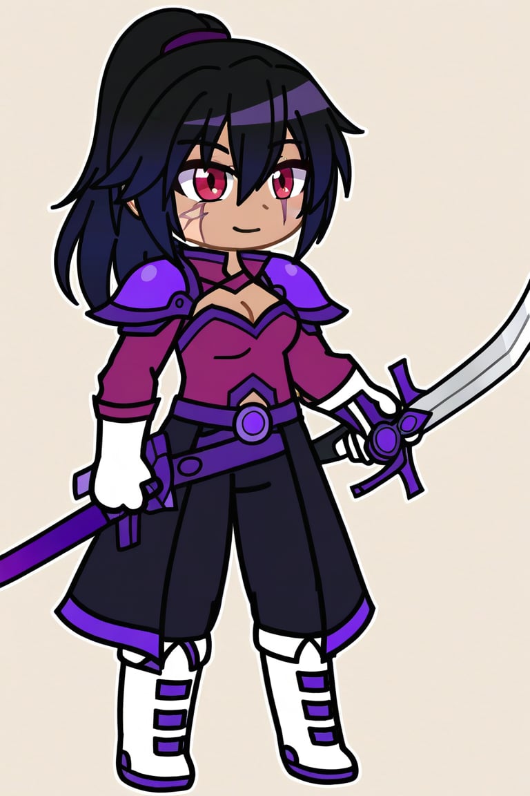 
1 girl,black skinned girl, smile, black hair, ponytail hair, medium breasts, red eyes, gloves, 1girl, holding, hair between eyes, closed mouth, weapon, female focus, black coat, overcoat, amethyst shoulder pads , shoulder pads with an eye shape, purple dragon eye shoulder pad, magenta shirt, cleavage, white boots with black details, black and white gloves, sword, holding weapon, armor, scar, traditional media, holding sword, black pants, scar on face, purple scar, scar with a crack shape, gacha style, full_body