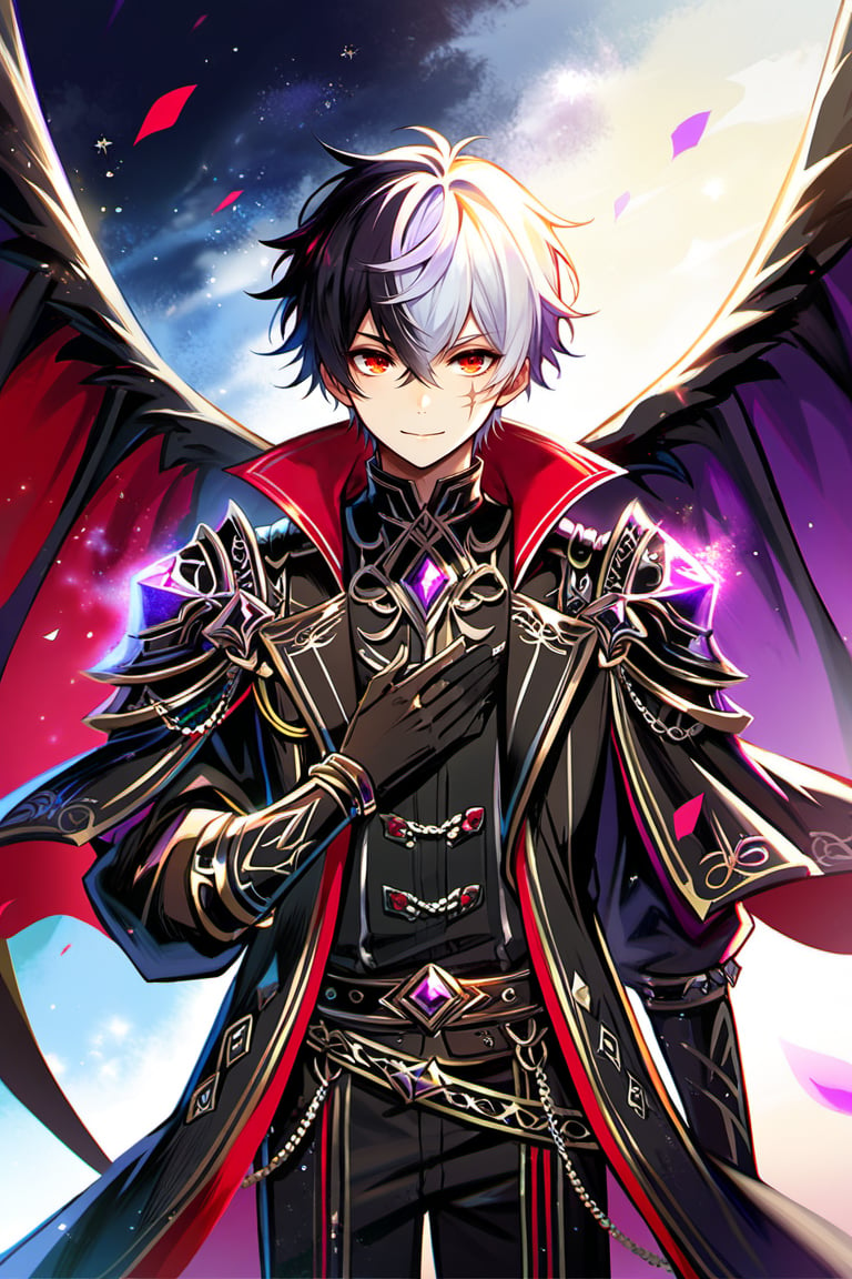 (masterpiece), best quality, expressive eyes, perfect face, score_9, 1 boy, black-skinned boy, smile, black hair, red eyes, gloves, hair between eyes, closed mouth, overcoat, amethyst shoulder pads, shoulder pads eye-shaped, purple dragon's eye shoulder pad, marsala shirt, white boots with black details, black and white gloves, scar, traditional media, black pants, scar on face, purple scar, crack-shaped scar,1 boy, black hair, messy hair, straight hair, red eyes, eyes with a deep scarlet hue, black skin, single scar that stretches down the side of his face, a glowing crack that pulses a luminous purple color, a shirt similar to armor, marsala in color, with black and purple details, armor material, although it appears metallic, has a strange fluidity, long overcoat, isekais anime, dark fantasy, black overcoat with purple details, white boots, adorned with details black, His white gloves, also with black details, shoulder pad, purple and black shoulder pad details