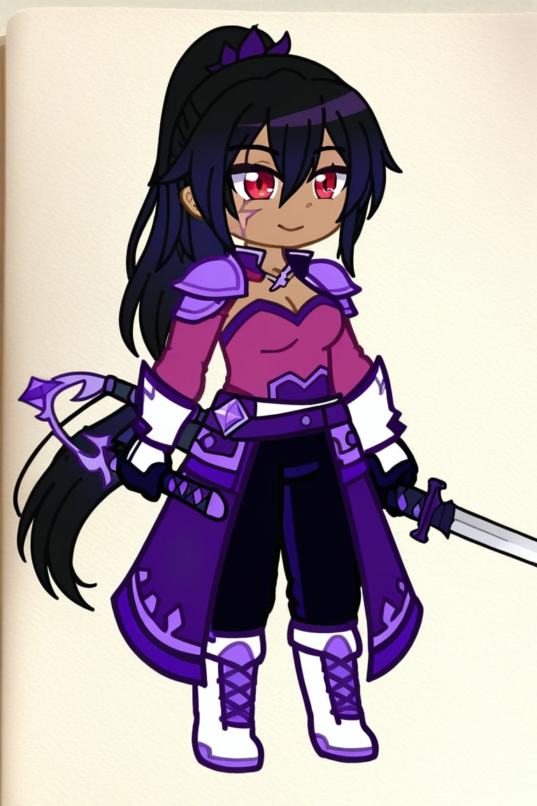 (masterpiece), best quality, expressive eyes, perfect face, score_9, 1 girl,black skinned girl, smile, black hair, ponytail hair, medium breasts, red eyes, gloves, 1girl, holding, hair between eyes, closed mouth, weapon, female focus, black coat, overcoat, amethyst shoulder pads , shoulder pads with an eye shape, purple dragon eye shoulder pad, magenta shirt, cleavage, white boots with black details, black and white gloves, sword, holding weapon, armor, scar, traditional media, holding sword, black pants, scar on face, purple scar, scar with a crack shape, gacha style, full_body