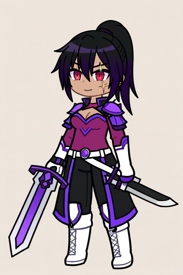 
1 girl,black skinned girl, smile, black hair, ponytail hair, medium breasts, red eyes, gloves, 1girl, holding, hair between eyes, closed mouth, weapon, female focus, black coat, overcoat, amethyst shoulder pads , shoulder pads with an eye shape, purple dragon eye shoulder pad, magenta shirt, cleavage, white boots with black details, black and white gloves, sword, holding weapon, armor, scar, traditional media, holding sword, black pants, scar on face, purple scar, scar with a crack shape, gacha style, full_body