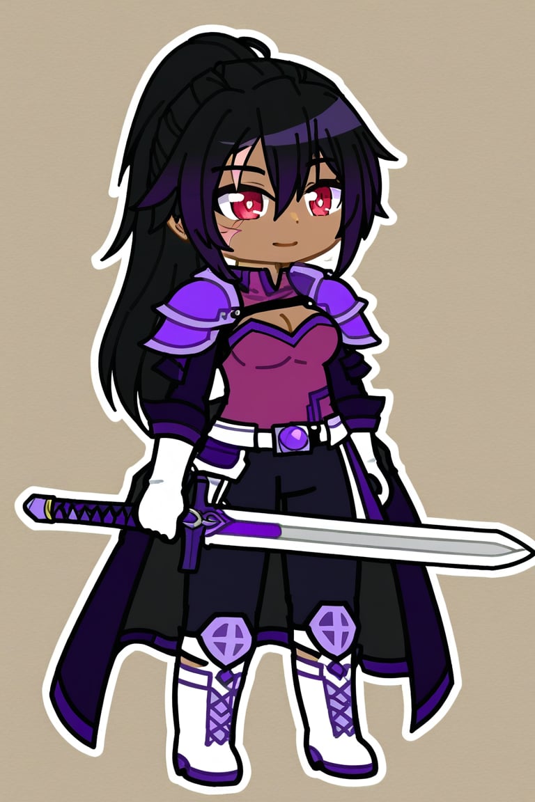 1 girl,black skinned girl, smile, black hair, ponytail hair, medium breasts, red eyes, gloves, 1girl, holding, hair between eyes, closed mouth, weapon, female focus, black coat, overcoat, amethyst shoulder pads , shoulder pads with an eye shape, purple dragon eye shoulder pad, magenta shirt, cleavage, white boots with black details, black and white gloves, sword, holding weapon, armor, scar, traditional media, holding sword, black pants, scar on face, purple scar, scar with a crack shape, gacha style, full_body