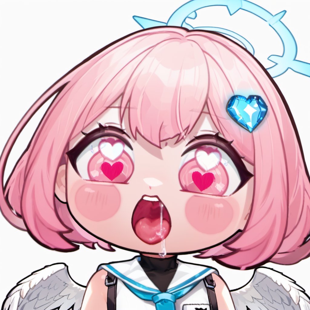  open mouth , Saliva , Drool , lust , greedy , Desire , sexy , hentai ,  Emote , high quality, high res , highly detailed face, white background, chibi , upper body close up , 1girl , solo , cute face , pink hair , blue halo , tensi , angel , pink eyes , cute , chibi , girl , sticker , emote , white background , funny , crystal heart blue hairpin , sleeveless white sailor suit , tie , wings , twitch , Blue Archive ,  short hair , bangs ,
