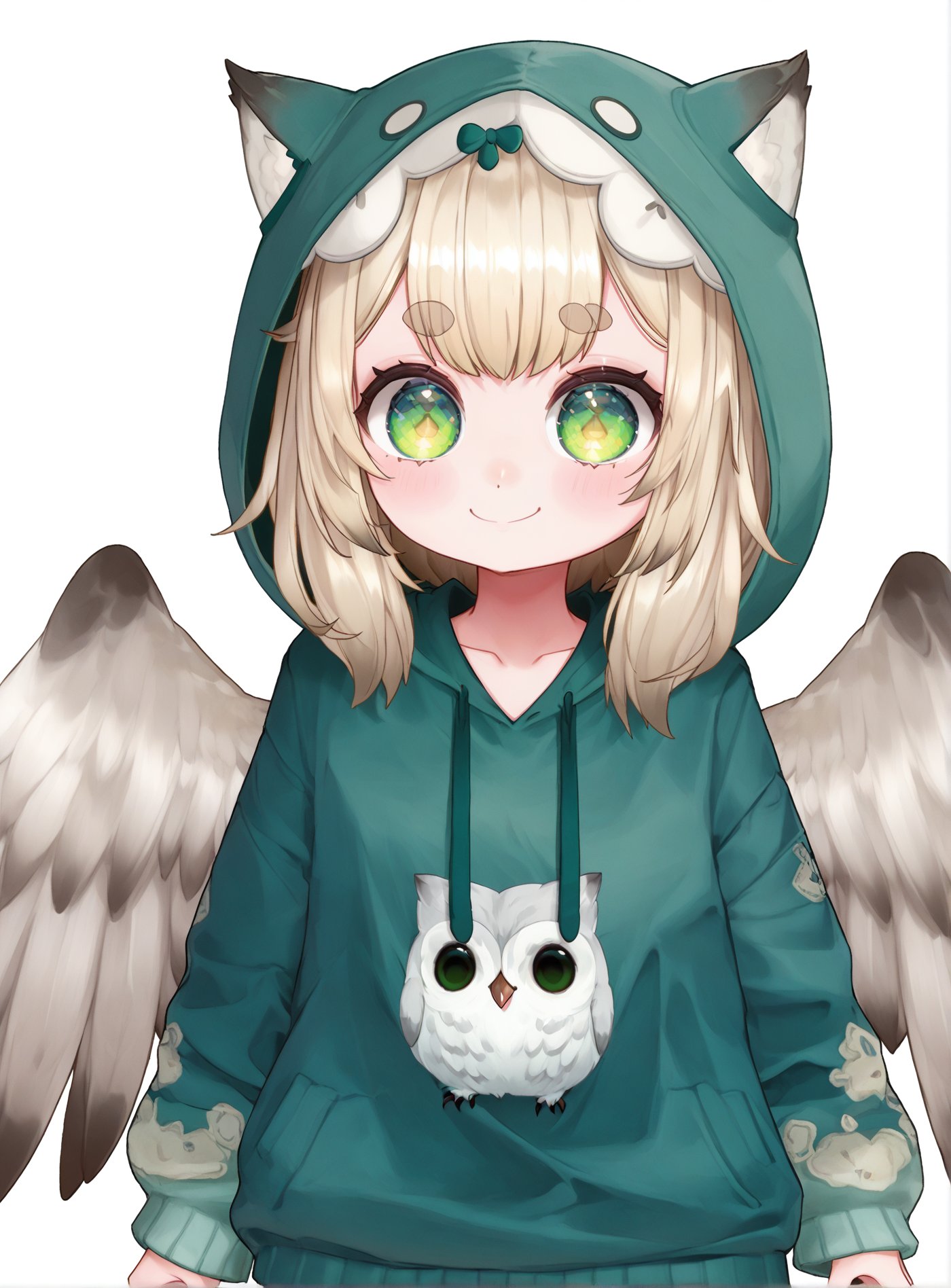 1girl , solo ,owl girl , loli , smile, standing , white background, vtuber , virtual youtuber, green Hooded ,thigh  , white wings , blonde hair , green eyes , dot eyebrows , cute