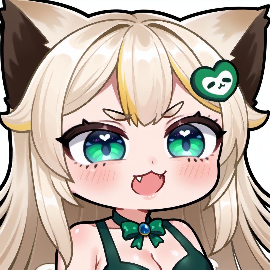 Yandere ,  angry ,  evil , sexy , hentai ,  Emote , high quality, high res , highly detailed face, white background, chibi , 1girl , solo , cute face , kawaii , sexy , twitch , 1girl , loli , white blonde hair ,  heart , sexy , cat ears , dot eyebrow ,green blue eyes  ,loli , angel , white feather wings , sleeveless green dress , long hair , bangs ,  yellow mix hair streaks , multicolor hair , TobaRana , cleavage , hair ornament , fang , feathered wings , animal ears ,virtual youtuber