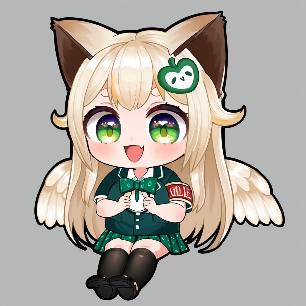 (Fullbody:1.4) , hug big huge spoon , huge fork , sitting , armband , black thighhigh , student shoes , green pleated skirt , cute , hand , hand up , hello , hi , open mouth , evil laugh , sexy , smile , hentai ,  Emote , high quality, high res , highly detailed face, white background,  1girl , solo , cute face , kawaii , sexy , 1girl , loli , white blonde hair ,  heart , sexy , cat ears , dot eyebrow , green eyes  ,loli , feather wings , long hair , TobaRana , hair ornament , feathered wings , animal ears ,virtual youtuber , student , jacket , bow , white background 