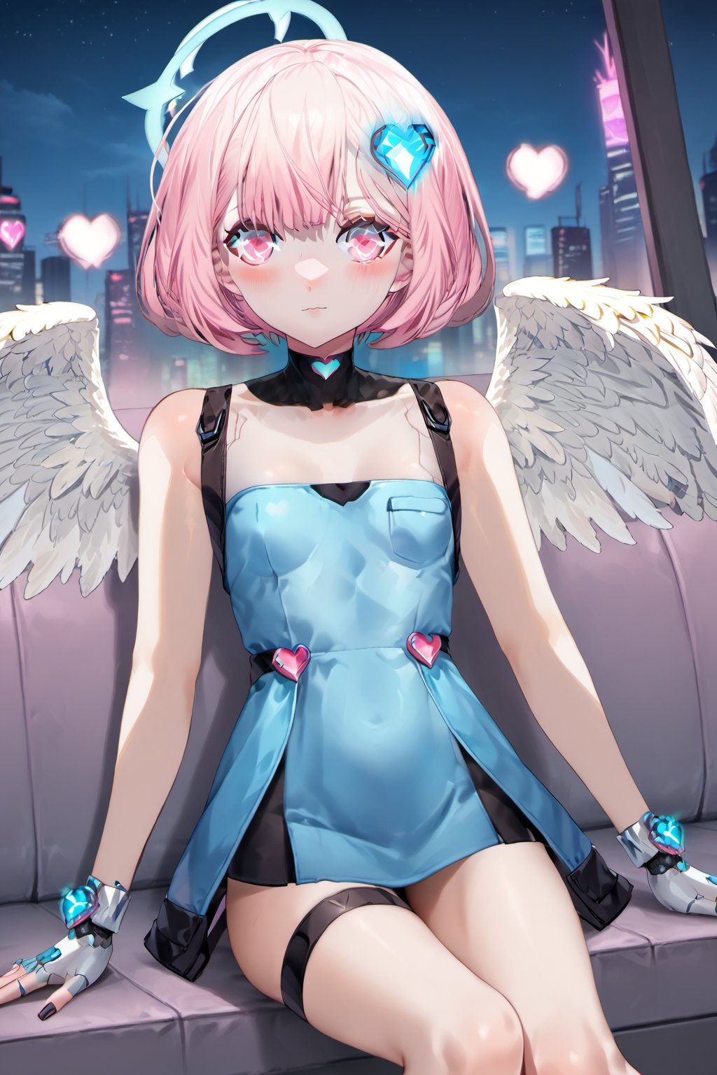 1girl, solo, blush, short hair, bangs, blue heart hair ornament, pink hair, wings, pink eyes,  blue halo,  angel wings,  angel,  sexy , glowing magic crystal , small breasts , sitting  , skin , tilt , legs , flat breasts
, cyberpunk school , fashion dress , neon dress , future , night , vtuber, 